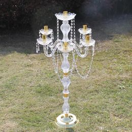 New 90 cm height Acrylic 5-arms metal candelabras with crystal pendants wedding candle holder Centrepiece party decor