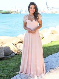 bridesmaid pictures UK - Elegant Bridesmaid Dress Pink Open Back Short Sleeve Lace Top A Line Chiffon Maid of Honor Dresses for Beach Wedding Guests