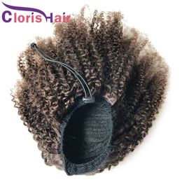 Darkest Brown Human Hair Ponytail Drawstring Afro Kinky Curly Clip On Extensions For Black Women #2 Peruvian Virgin Curly Ponytails With Clips In