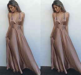 Champagne Spaghetti V-neck Elegant Formal Evening Dresses 2019 Pleated Ruched Soft Satin Open Back Prom Homecoming Bridesmaid Dress Cheap