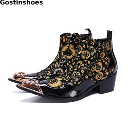 Hot Sale- Work Boots Genuine Leather Floral Printed Men Short Boots Metal Cap Toe Slip On Ankle Height Increased Side Zip