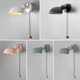 LED Wall Lamps with Pull Switch European Style Macarons Minimalist Living Room Bedroom Reading Bedside Light Solid Wood Rotating Sconce