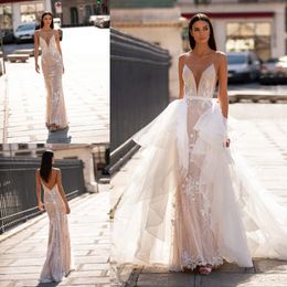 Mermaid Millanova Wedding Dresses Sleeveless Spaghetti Tulle Lace Applique Sequins Detachable Wedding Gowns Sweep Train robe de mariée