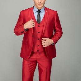 Fashionable One Button Red Groom Tuxedos Notch Lapel Men Wedding Party Groomsmen 3 pieces Suits (Jacket+Pants+Vest+Tie) K225