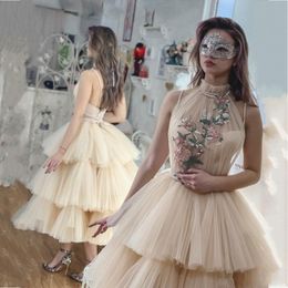 Girls Pageant Dresses High Neck Ruffles Lace Appliques Sexy Backless Formal Evening Dresses Tiered Skirts Tea Length Prom Dresses