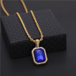 New Men Faux Red Ruby Stone Pendant Necklace with Iced Out Bling 24"/30" Box Chain Sapphire Rock Hip Hop Jewelry