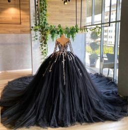 Black Ball Gown Quinceanera Dresses Sexy Off Shoulder Long Sleeve Lace Appliques Prom Dress Illusion Tulle vestidos de quinceañera