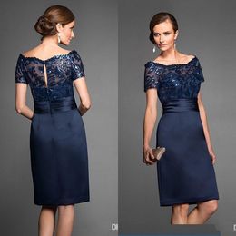 Vintage Cheap Navy Blue Short Mother Of The Bride Dresses Scoop Lace Knee Length Zipper Back Wedding Guest Dress Plus Size Mother Gowns