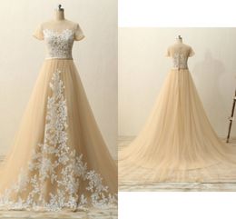 Bateau Short Sleeve Champagne Formal Dresses 2019 Lace Applique See Though Back Prom Dresses Long Evening Gowns Party Women