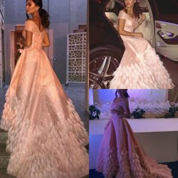 Bling Blush Pink Luxury Dubai Prom Dress Elegant Off Shoulder Arabic Feather Evening Dresses Long Elegant Formal Party Gowns