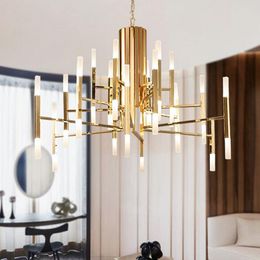 Postmodern LED art chandelier living room restaurant gold-plated stainless steel hanging lights creative personality tube lights