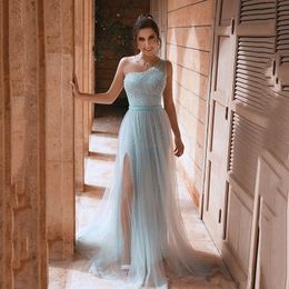 glaring Evening Dresses 2020 light teal One Shoulder Sequined Long Prom Dresses Sexy High side Split Formal Party Gowns robe de soiree