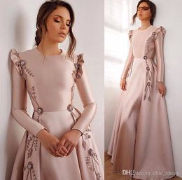 2019 Sexy Beaded Prom Dresses Jewel Neck Long Sleeves Embroidery Evening Dresses Cheap Formal Party Bridesmaid Pageant Gowns