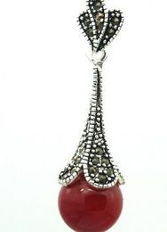 Free Shipping lady's 925 Sterling Silver Natural 12mm red Stone Marcasite Necklace Pendant 45*12mm