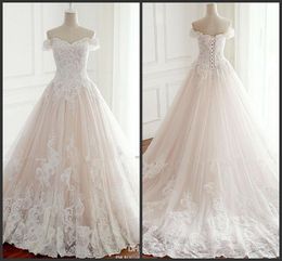 Sexy White Off The Shoulder Dresses Robe De Mariee Lace Appliques Tulle Corset Wedding Dress Bridal Gowns Long Train Formal Gown