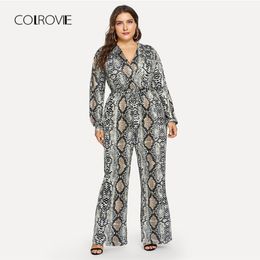 Colrovie Plus Size Self Tie Snake Print Casual Jumpsuit Women Clothing 2018 Winter Long Sleeve Office Ladies Belted Jumpsuits Y19060501