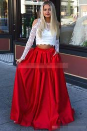 Two Piece Charming Prom Dresses White Lace Red Satin Long Sleeves Jewel Sheer Neck Floor Length Custom Made Formal Ocn Evening Gown