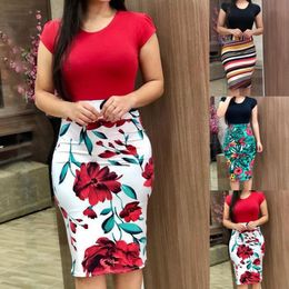 Fashion-Women Dresses Short Sleeve Floral Print Patchwork Slim Bodycon Dress Cocktail Party Pencil Dress drop shipping designer clothes