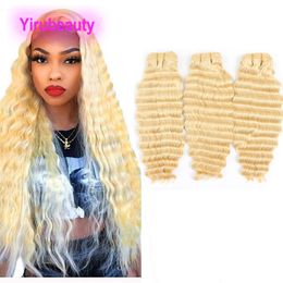 Malaysian Human Hair Virgin Hair Extensions 3 Bundles Deep Wave 613# Colour Blonde Curly Double Wefts 10-28inch Blonde Soft Wholesale