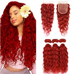 Bright Red Water Wave Virgin Hair Bundles with Closure Red Wet Wavy Human Hair Lace Closure 4x4 with Weaves Brazilian Human Hair Bundles