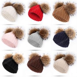 Baby Wool Knit Beanie Hat Infant Toddler Boys And Girls Solid Colour Warm Winter Twist Double-Layer Large Wool Ball Cap