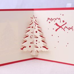 3D Up Christmas Tree Greeting Card Red Cover Xmas Hollowing Gift Blessing Pop Up Greeting Postcard Free Shipping C7727