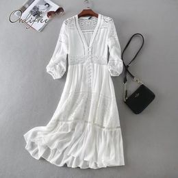 Ordifree 2019 Summer Women Long Tunic Beach Dress Sundress Long Sleeve White Lace Sexy Boho Maxi Dress T5190615