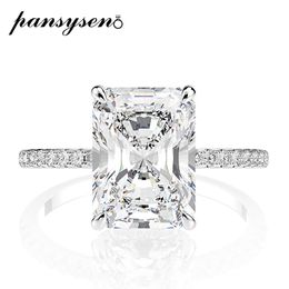 PANSYSEN Real 925 Sterling Silver Emerald Cut Created Moissanite Diamond Wedding Rings for Women Luxury Proposal Engagement Ring CX200611