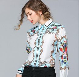 Campus style blue red Flora printed white women blouse shirt summer Contrast Colour ladies shirts for sale