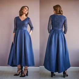 Navy Blue Mother Of The Bridal Dresses V-neck Long Sleeves Satin Long Party Dress Applique Lace Ankle-Length Wedding Prom Dress