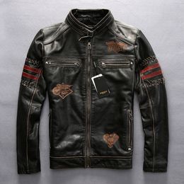 2019 Men's Genuine Leather Jacket Vintage Black Thick Cowhide Slim Fit Motorcycle Biker Embroidery Coat Spring Plus Size Jacket
