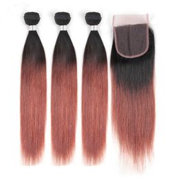 Dark Auburn Ombre Indian Human Hair Straight 3Bundles with Closure 4Pcs Lot #1B/33 Copper Red Ombre 4x4 Lace Closure with Weave Bundles