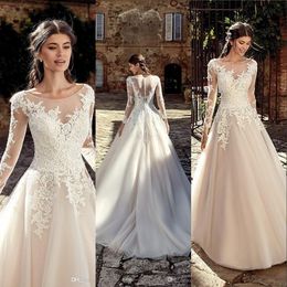 Cheap Champagne New A Line Wedding Dresses Scoop Neck Long Sleeves Lace Appliques Sweep Train Button Back Plus Size Sexy Formal Bridal Gowns