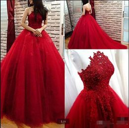Red Prom Newest Dresses Sexy Hollow Back Sweep Train Tulle Sheer Neck Lace Applique Evening Party Ball Gown Custom Made Formal Ocn Wear
