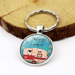 2020 Happy Camper Quote Keychain Travel Car Key Chain Ring Glass Cabochon Dome Jewelry Pendant Silver Metal Keyring Fashion Gift