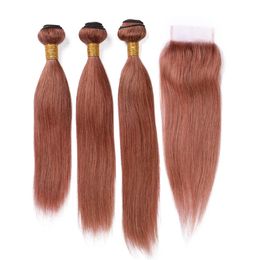 Dark Auburn Virgin Hair Closure and Bundles Copper Red Straight Malaysian Human Hair Weaves with Lace Closure Reddish Brown 3 Bundle Deals