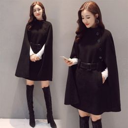 Misturas de lã feminina retro hepburn vento feminino casaco de lã preto longo jaquetas soltas feminino outono inverno moda casaco senhoras roupas casuais manto