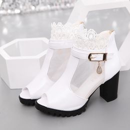 Hot Sale-2019 new fashion fish mouth lace mesh openwork chunky heel shoes