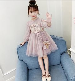 In the big children's net yarn bubble sleeve lace princess skirt spring skirt long-sleeved foreign style 2020 girls dress WY619
