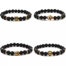 Unisex Casual Fashion Lava Rock Beads Bracelet Owl Buddha Lion Hand Bracelets 8mm Alloy Natural Stone Bangles For Women & Men Gift