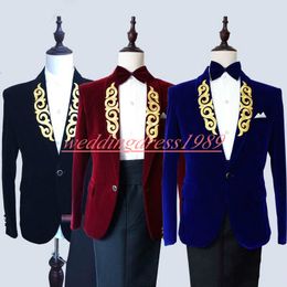 2020 Velvet Embroidery Business Men Suits Groom Tuxedos Best Man Bridegroom Formal Suit Wedding Tuxedos Suits Groomsmen Suits Jackets