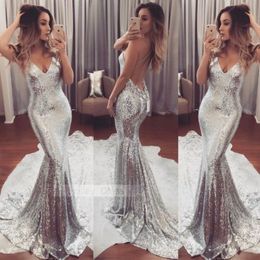 2019 New Fashion Formal Long Dress Women Sequins Silver Dress Prom Evening Gown Ball Party Bridesmaid V Neck Costume