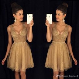 cheap gold cocktail dresses Australia - Gold Short Cheap Homecoming Dresses 2020 Scoop Crystal Beads A Line Mini Cocktail Dresses Girl Pageant Party Gowns