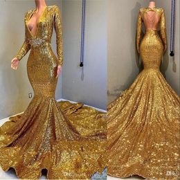 New Sexy Gold Sequined Lace Mermaid Prom Dresses Plunging V Neck Long Sleeves Beading Open Back Party Sequins Court Train Evening Gowns Wear