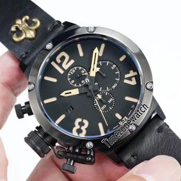 New Flightdeck U-72 U72 VK Quartz Chronograph Mens Watch PVD Steel Black Dial White Mark Left Hand Leather Stopwatch Timezonewatch E02c3.