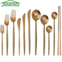 JANKNG 6Pcs Rose Gold Stainless Steel Dinnerware Sets Forks Knives Chopsticks Little Spoon for Coffee Kitchen Tableware Party Accessory