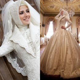 Luxury Muslim Ball Gown Wedding Dresses High Collar Beaded Lace Full Sleeves Saudi Arabia Bridal Dress Traditional Middle East Wedding hijab