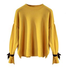 Fashion-r Women O Neck Bow Tie Up Sweater Split Side Pullover Sweet Spring Knitted Sweater Loose Flare Sleeve