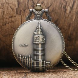 Bronze Big Ben Tower London Design Quartz Pocket Watch Necklace Chain Fob Watches Analogue Clock for Men Women Gift
