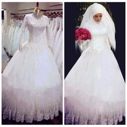 High Neck Long Sleeves Lace Muslim Wedding Dresses Beaded Collar Bridal Gowns 2023 Modest Custom Middle East Dubai Vestidos De Mariee